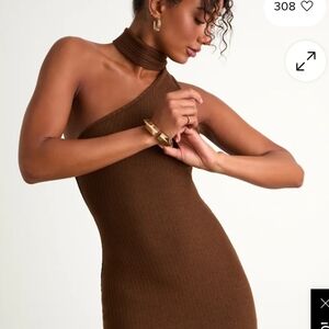Lulu's Elegant One-Shoulder Brown Dress